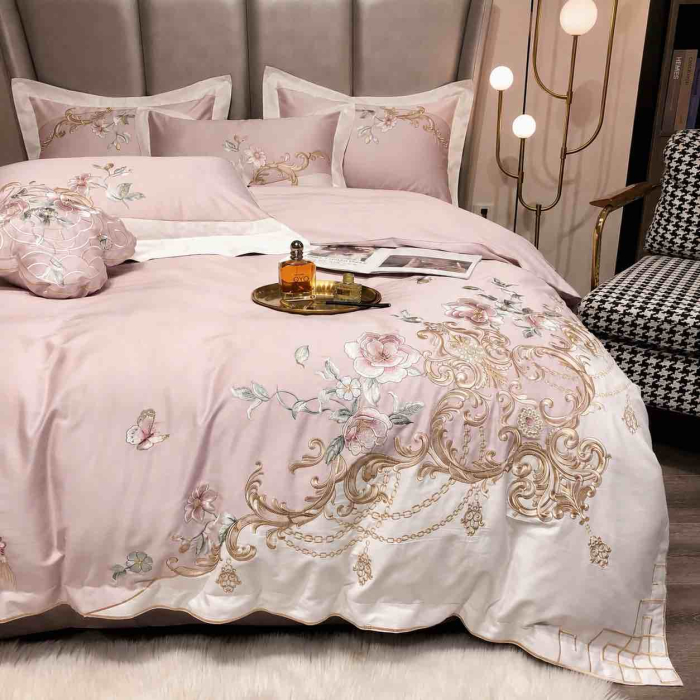 Lenjerie de pat bumbac satinat cu broderie, 4 piese, roz deschis [6]