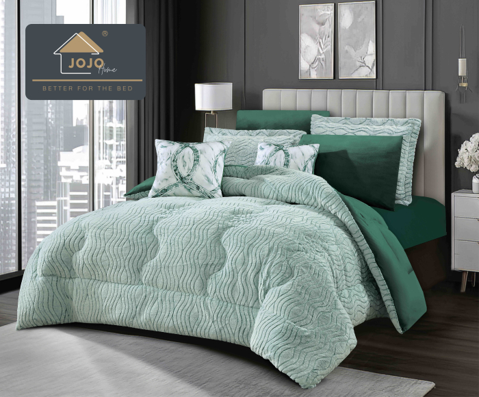 Lenjerie de pat cu Pilota Inclusa, 2 Fete, Cearceaf cu Elastic, 6 Piese, Blana de Iepure Artificiala si Catifea, Verde [1]