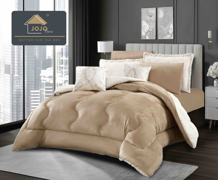 Lenjerie de pat cu Pilota Inclusa, 2 Fete, Cearceaf cu Elastic, 6 Piese, Blana de Iepure Artificiala si Catifea, Bej [2]