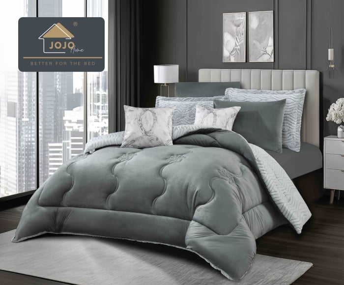 Lenjerie de pat cu Pilota Inclusa, 2 Fete, Cearceaf cu Elastic, 6 Piese, Blana de Iepure Artificiala si Catifea, Gri [2]