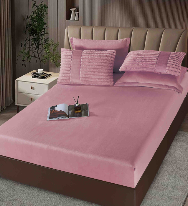 Lenjerie de pat cu Pilota Inclusa, Cearceaf cu Elastic, 6 Piese, Blana de Iepure Artificiala si Catifea, Roz [4]