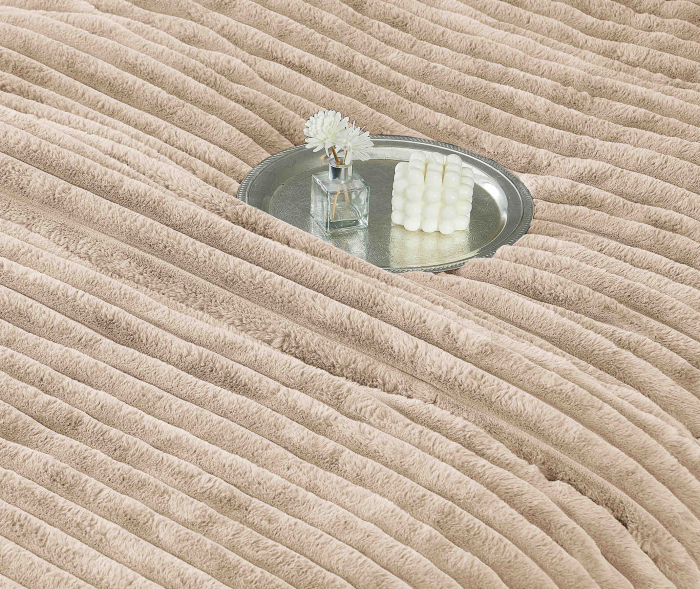 Lenjerie de pat cu Pilota Inclusa, Cearceaf cu Elastic, 6 Piese, Blana de Iepure Artificiala si Catifea, Bej [3]