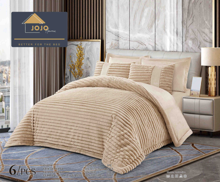 Lenjerie de pat cu Pilota Inclusa, Cearceaf cu Elastic, 6 Piese, Blana de Iepure Artificiala si Catifea, Bej [1]