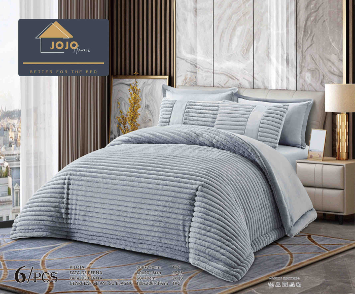 Lenjerie de pat cu Pilota Inclusa, Cearceaf cu Elastic, 6 Piese, Blana de Iepure Artificiala si Catifea, Gri Deschis [1]