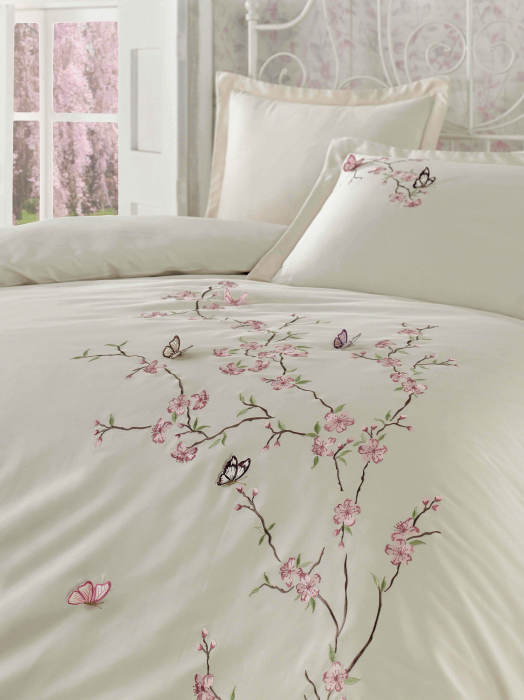Lenjerie De Pat Premium, Bumbac 100%,  6 piese, Butterfly, Bej [2]