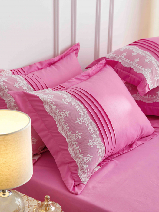 Lenjerie pat dublu din bumbac finet, inimi brodate, 6 piese, roz [5]