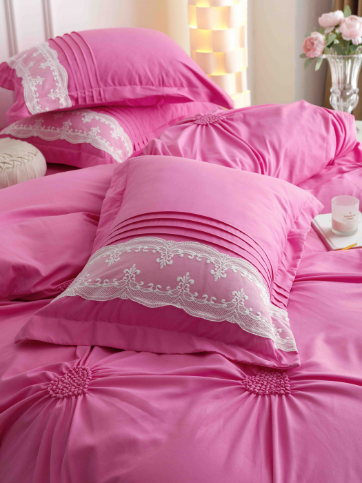 Lenjerie pat dublu din bumbac finet, inimi brodate, 6 piese, roz [7]
