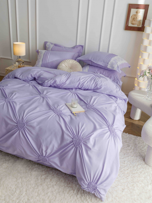 Lenjerie pat dublu din bumbac finet, inimi brodate, 6 piese, mov [2]