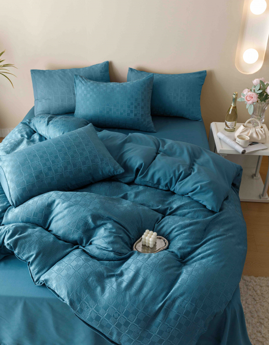 Lenjerie pat 2 persoane, 6 piese, din jacquard finetat, turcoaz [4]