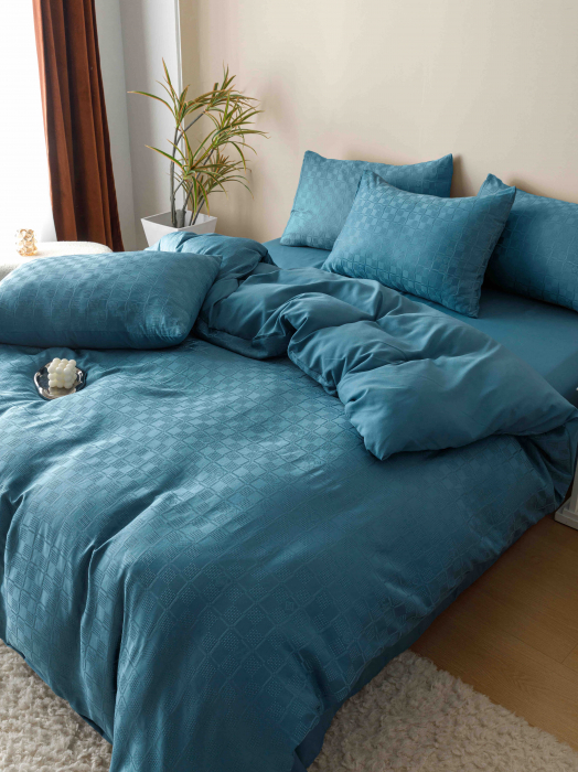 Lenjerie pat 2 persoane, 6 piese, din jacquard finetat, turcoaz [5]