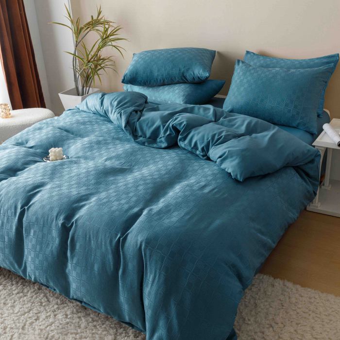 Lenjerie pat 2 persoane, 6 piese, din jacquard finetat, turcoaz [3]