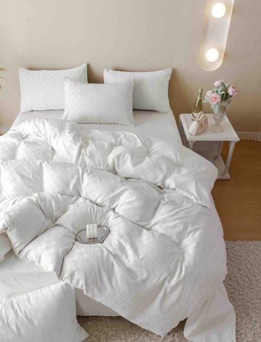 Lenjerie pat 2 persoane, 6 piese, din jacquard finetat, alb [3]