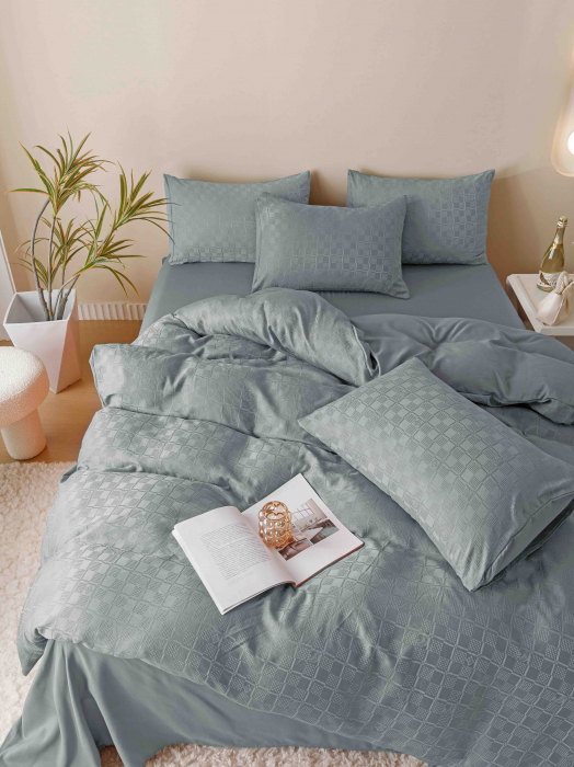 Lenjerie pat 2 persoane, 6 piese, din jacquard finetat, gri deschis [2]