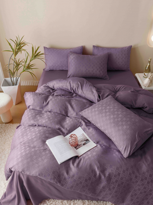 Lenjerie pat 2 persoane, 6 piese, din jacquard finetat, mov inchis [4]