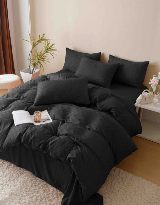 Lenjerie pat 2 persoane, 6 piese, din jacquard finetat, negru [2]