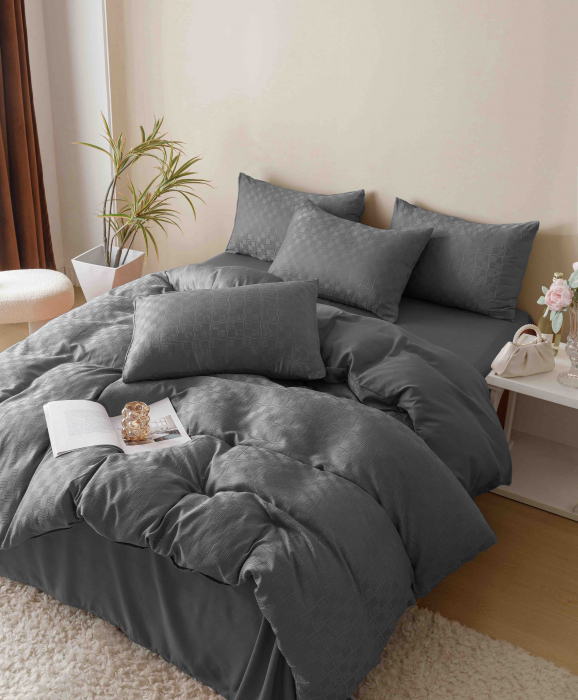 Lenjerie pat 2 persoane, 6 piese, din jacquard finetat, gri inchis [2]