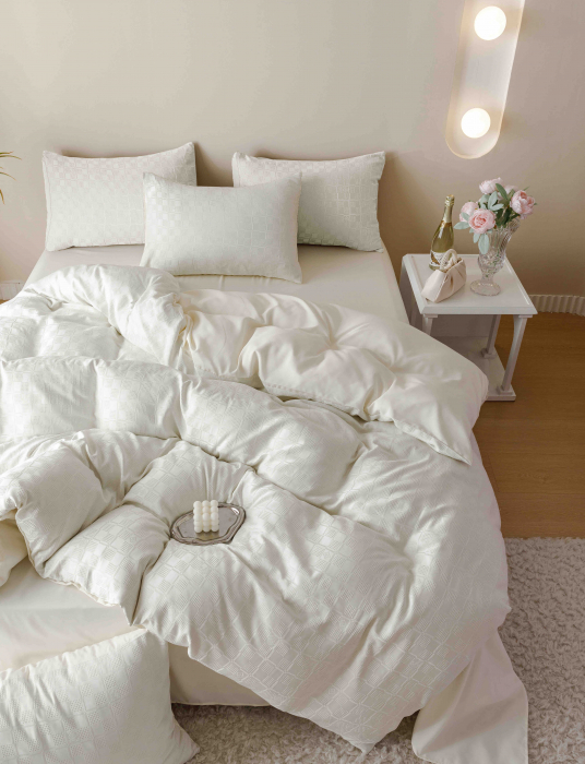 Lenjerie pat 2 persoane, 6 piese, din jacquard finetat, crem [4]