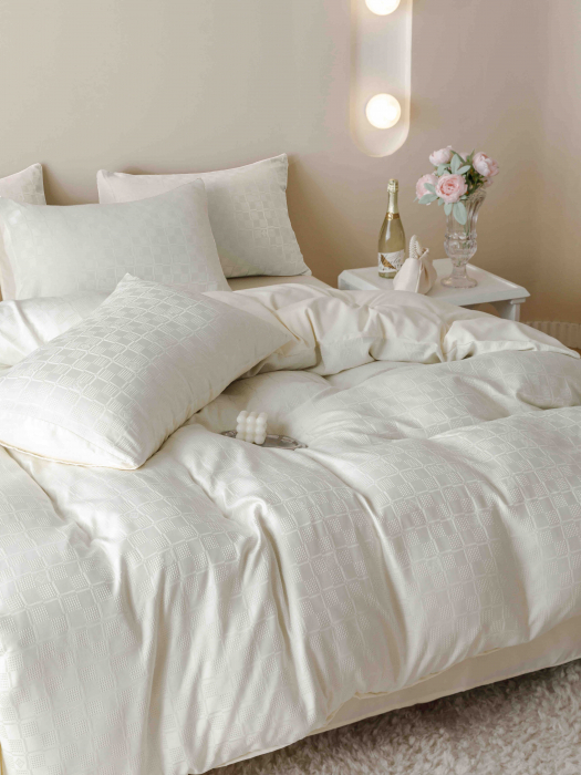 Lenjerie pat 2 persoane, 6 piese, din jacquard finetat, crem [3]