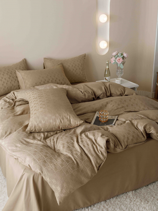 Lenjerie pat 2 persoane, 6 piese, din jacquard finetat, maro [4]