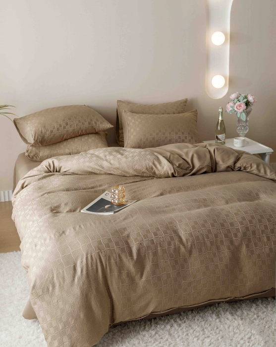 Lenjerie pat 2 persoane, 6 piese, din jacquard finetat, maro [2]