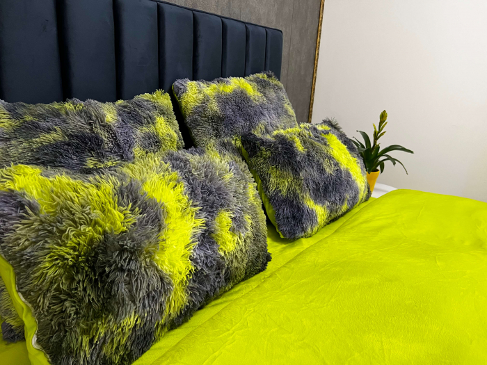 Set Lenjerie Super Pufoasa Cocolino, Model Fluffy, 6 piese, Pat 2 Persoane, VERDE&GRI [5]
