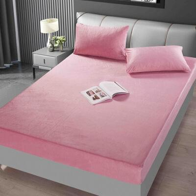 Huse de pat Catifea, pat dublu - Set Husa de Pat cu Elastic din Catifea, UNI, 3 Piese,Roz
