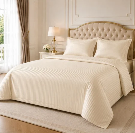 Lenjerii de Pat Damasc Gros - lenjerie-de-pat-damasc-cu-elastic-hotel-165g/mp-king-size-bumbac-premium-CREM-casimi