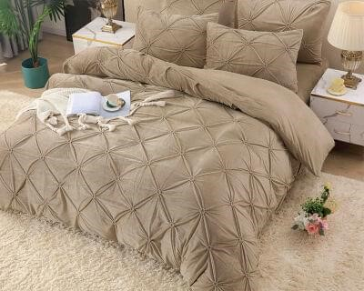 Lenjerii Catifea - Lenjerie De Pat, 4 Piese, Catifea, Cu Elastic - Crem