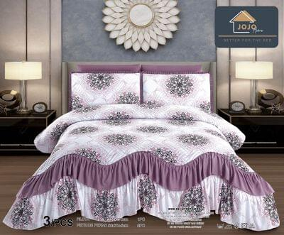 CUVERTURI - Cuvertura pat dublu, 3 piese, Bumbac Finet, 220x270cm, cu volanase, alb-mov