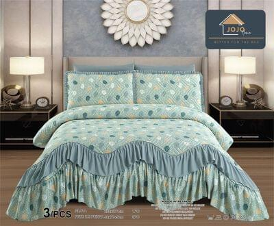 Cuvertura pat dublu, 3 piese, cu volanase - Cuvertura pat dublu, 3 piese, Bumbac Finet, 220x270cm, cu volanase, verde deschis