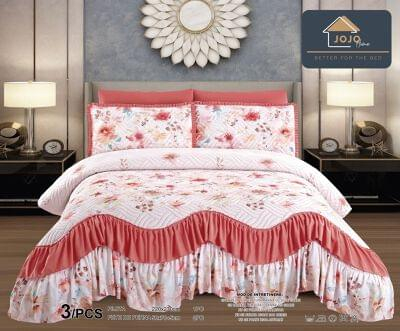 Cuvertura pat dublu, 3 piese, cu volanase - Cuvertura pat dublu, 3 piese, Bumbac Finet, 220x270cm, cu volanase, alb-roz flori