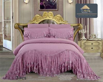 CUVERTURI - Cuvertura pat dublu, 3 piese, Bumbac Finet, 220x280cm, cu volanase si broderie, roz