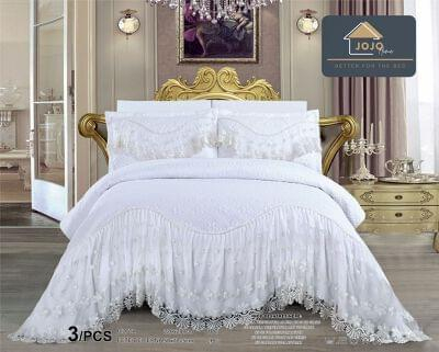 Cuvertura pat dublu, 3 piese, cu volanase si broderie - Cuvertura pat dublu, 3 piese, Bumbac Finet, 220x280cm, cu volanase si broderie, alba