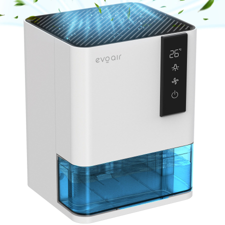 CALITATE AER - Dezumidificator Evoair HIDRY, 700ml/24h, Senzor de Umiditate/Temperatura, Lumina ambientala in 7 culori, Rezervor 1l, 2 viteze, Functie Auto Dezghetare, Alb