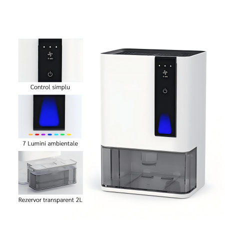 Dezumidificator Evoair HIDRY PLUS, 900ml/24h, Lumina ambientala in 7 culori, Rezervor 1.9l, 3 Viteze, Functie Auto Dezghetare, Alb [14]