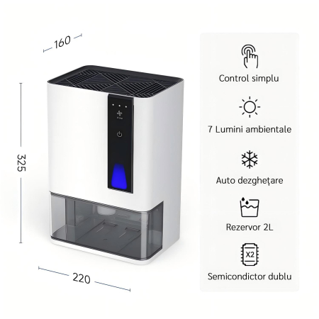 Dezumidificator Evoair HIDRY PLUS, 900ml/24h, Lumina ambientala in 7 culori, Rezervor 1.9l, 3 Viteze, Functie Auto Dezghetare, Alb [13]