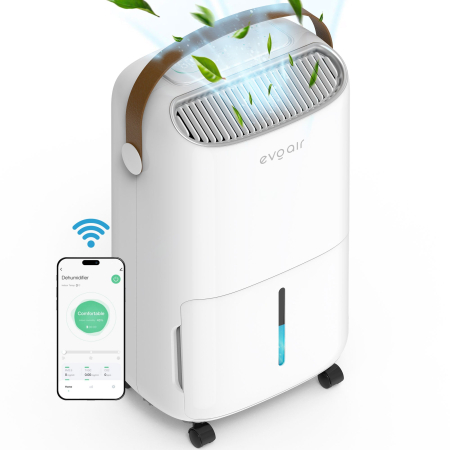 CALITATE AER - Dezumidificator Evoair, NovaDry 12 Smart, 12l/24h, Senzor de Umiditate, Functie Ionizare, Uscare Rufe, Rezervor 2.5l, Lampa UVC, Alb, Curea Maro