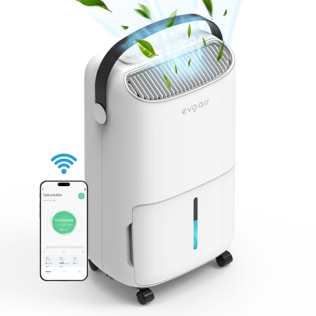 CALITATE AER - Dezumidificator Evoair, NovaDry 12 Smart, 12l/24h, Senzor de Umiditate, Functie Ionizare, Uscare Rufe, Rezervor 2.5l, Lampa UVC, Alb, Curea Neagra