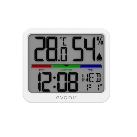 Senzori Calitate Aer - Higrometru si termometru digital, Evoair SENTIMINI, indicator umiditate și temperatură, data si ora, Alb