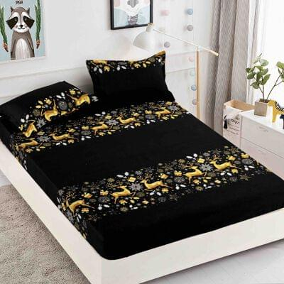 Huse Pat Cu Elastic, Model Craciun - Husa de pat dublu + 2 Fete de Perna,din Bumbac Finet, cu elastic, RJHPB13