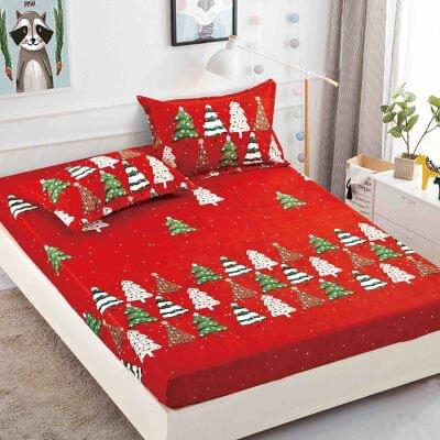 Huse Pat Cu Elastic, Model Craciun - Husa de pat dublu + 2 Fete de Perna,din Bumbac Finet, cu elastic, RJHPB3