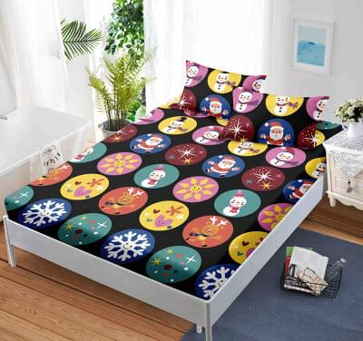 Huse Pat Cu Elastic, Model Craciun - Husa de pat dublu + 2 Fete de Perna,din Bumbac Finet, cu elastic, RJHPB5