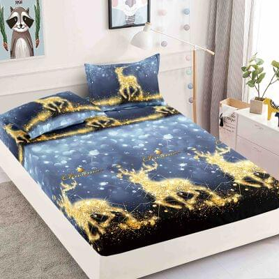 Huse Pat Cu Elastic, Model Craciun - Husa de pat dublu + 2 Fete de Perna,din Bumbac Finet, cu elastic, RJHPB66