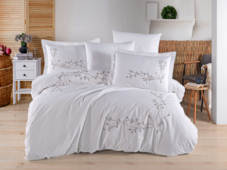Lenjerii Bumbac Poplin 2 Persoane - Lenjerie-de-pat-bumbac-poplin-broderie-loren-beyaz