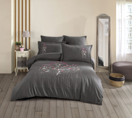 Lenjerii Bumbac Poplin 2 Persoane - Lenjerie-de-pat-bumbac-poplin-broderie-emilla-gri-casimi-p1