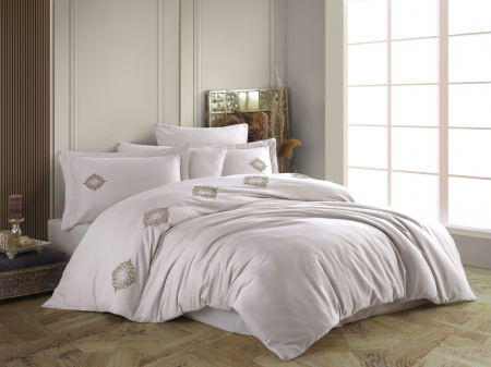 Lenjerii Bumbac Poplin 2 Persoane - Lenjerie-de-pat-bumbac-poplin-broderie-azra-bej-casimi-p1