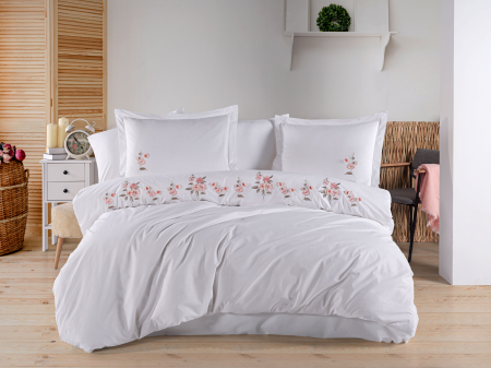 Lenjerii Bumbac Poplin 2 Persoane - Lenjerie-de-pat-bumbac-poplin-broderie-ophelia-beyaz