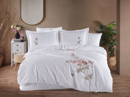 Lenjerii Bumbac Poplin 2 Persoane - Lenjerie-de-pat-bumbac-poplin-broderie-palmyra-beyaz