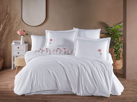 Lenjerii Bumbac Poplin 2 Persoane - Lenjerie-de-pat-bumbac-poplin-broderie-salome-beyaz