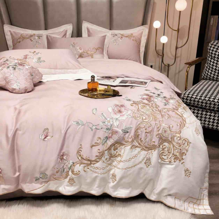 Lenjerie de pat bumbac satinat cu broderie, 4 piese, roz deschis [5]